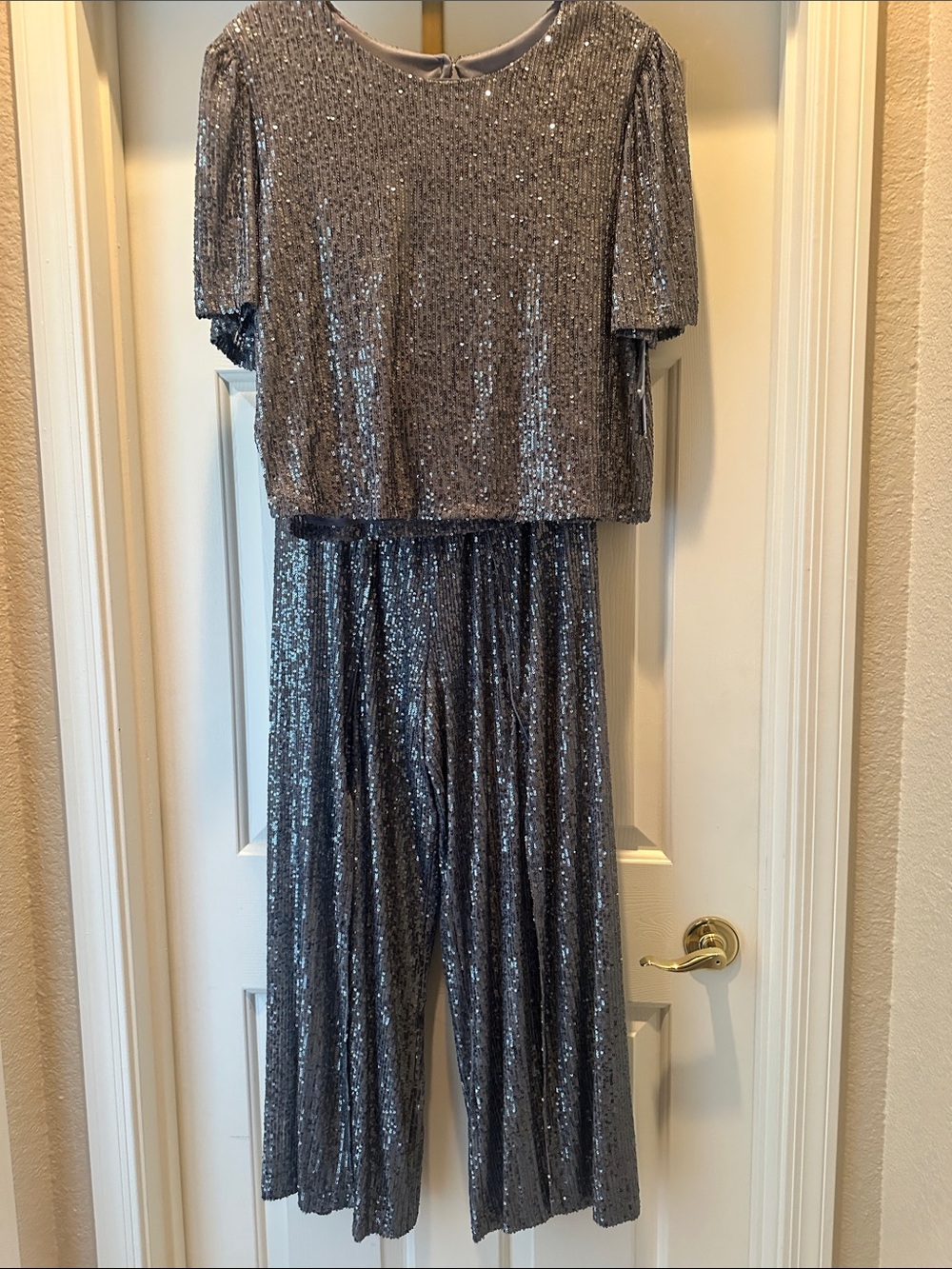 Silver Sequin Short-Sleeve 2 piece with Wide-Leg Pants